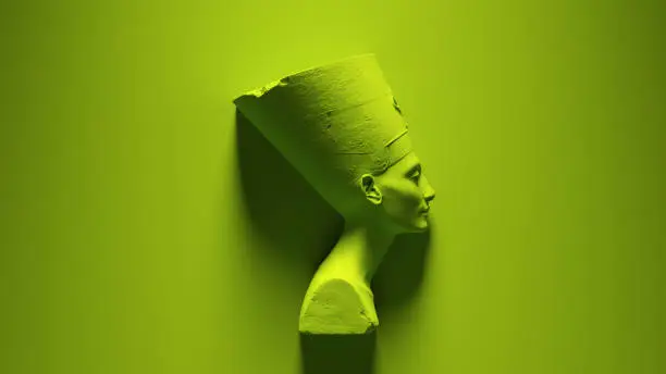 Green Bust of Nefertiti Egyptian Queen Goddess with Bright Vibrant Vivid Green Side View Background 3d illustration render