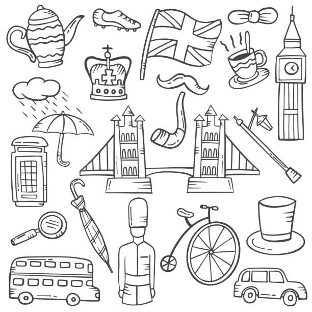 england concept doodle hand drawn set collections with outline black and white style england concept doodle hand drawn set collections with outline black and white style vector illustration london memorabilia stock illustrations