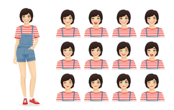 ilustrações de stock, clip art, desenhos animados e ícones de woman asian expressions set - teen girl portrait