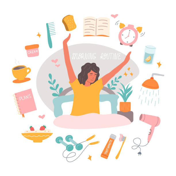 ilustrações de stock, clip art, desenhos animados e ícones de morning routine consists of coffee mug, an alarm clock, breakfast, daily planner, shower. the girl in the bed stretches with smile on her face. vector illustration in flat style - rotina