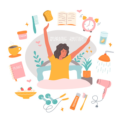 Morning routine consists of coffee mug, an alarm clock, breakfast, daily planner, shower. The girl in the bed stretches with smile on her face. Vector illustration in flat style.