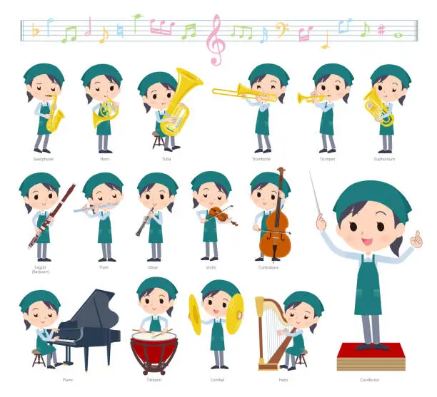 Vector illustration of A set of Supermarket staff woman on classical music performance