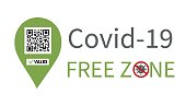 Horizontal banner with qr-code and pass check mark valid. Covid 19 free zone message. Illustration with the public location safe for health. Public covid-free places for vaccinated customers