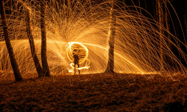 istock Fire circle spinning from steel wool creating spiral spark 1349337194