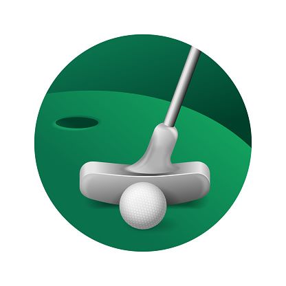 Minigolf 3D icon with golf field, hole and equipment - ball and club. Isolated illustration for logo, training or competition