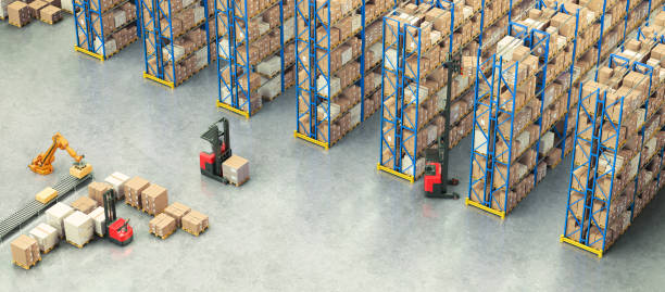 istock Warehouse Scene with High Shelves and Reach Fork Track 1349337615