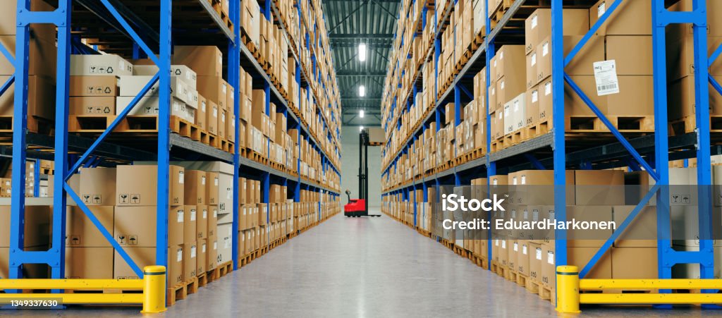 Warehouse with High Shelves and Loader. Logistics Concept Warehouse with high shelves and loader. Logistics concept. 3D illustration Warehouse Stock Photo
