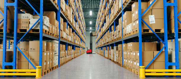 Warehouse with High Shelves and Loader. Logistics Concept Warehouse with high shelves and loader. Logistics concept. 3D illustration warehouse stock pictures, royalty-free photos & images