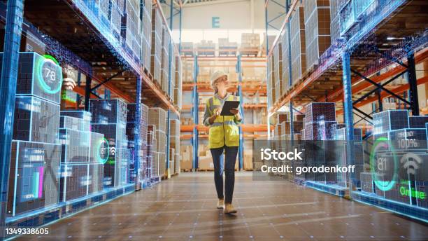 Futuristic Technology Retail Warehouse Worker Doing Inventory Walks When Digitalization Process Analyzes Goods Cardboard Boxes Products With Delivery Infographics In Logistics Distribution Center Stock Photo - Download Image Now
