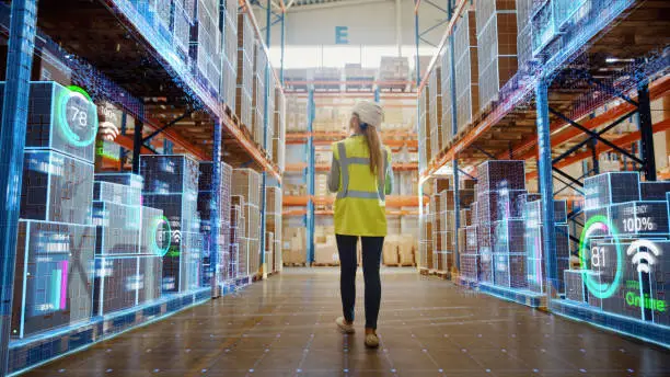 Photo of Futuristic Technology Retail Warehouse: Worker Doing Inventory Walks when Digitalization Process Analyzes Goods, Cardboard Boxes, Products with Delivery Infographics in Logistics, Distribution Center
