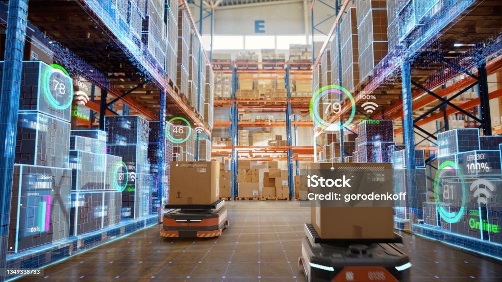 Future Technology 3D Concept: Automated Retail Warehouse AGV Robots with Infographics Delivering Cardboard Boxes in Distribution Logistics Center. Automated Guided Vehicles Goods, Products, Packages Warehouse Stock Photo