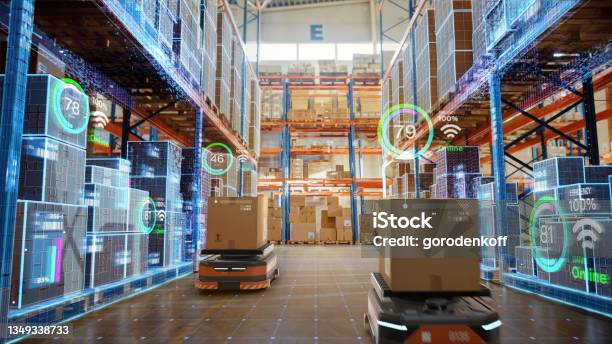 Future Technology 3d Concept Automated Retail Warehouse Agv Robots With Infographics Delivering Cardboard Boxes In Distribution Logistics Center Automated Guided Vehicles Goods Products Packages Stock Photo - Download Image Now