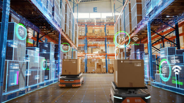 future technology 3d concept: automated retail warehouse agv robots with infographics delivering cardboard boxes in distribution logistics center. automated guided vehicles goods, products, packages - automatisera bildbanksfoton och bilder