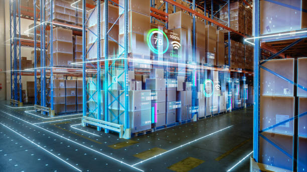 futuristic technology retail warehouse: digitalization and visualization of industry 4.0 process that analyzes goods, cardboard boxes, products delivery infographies in logistics, distribution center - freight shipping photos et images de collection