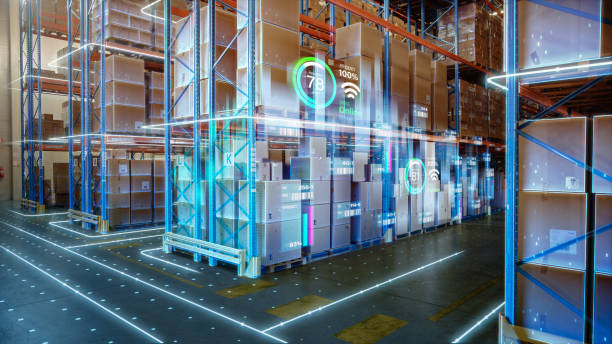 футуристические технологии retail warehouse: цифровизация и визуализация процесса индустрии 4.0, анализировавая товары, картонные коробки, инфогра - warehouse стоковые фото и изображения