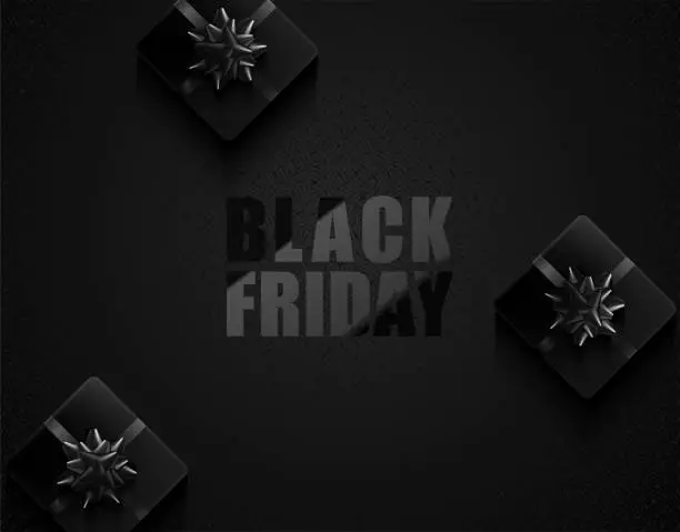 Vector illustration of Black Friday vector dark background with black ribbon bow giftbox. Glossy black text on geometric pattern. Gift box on top