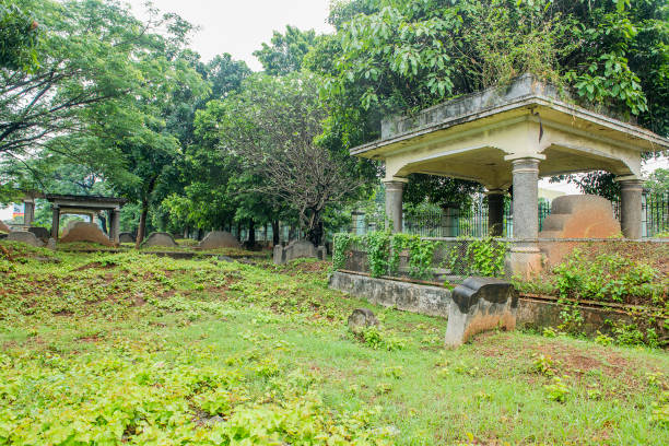 istock Cemetery with trees and many tombstones 1349339908