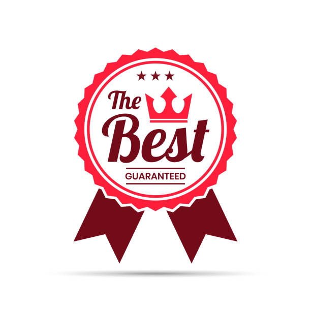 Trendy Red Badge - The Best, Guaranteed Red trendy badge (The Best, Guaranteed) with shadow, isolated on a white background. Elements for your design, with space for your text. Vector Illustration (EPS10, well layered and grouped). Easy to edit, manipulate, resize or colorize. red crown logo stock illustrations