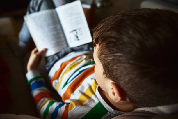 istock Child boy reading book on the sofa at home 1349341305