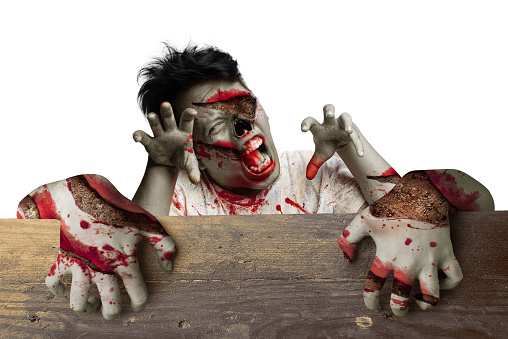 Scary zombies standing behind the wooden wall with white background