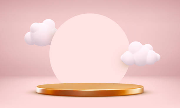 istock 3d realistic podium and clouds. Minimal valentine background. Render of pink pastel podium. Vector illustration 1349342707