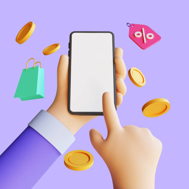 3d render of cash back concept, people getting cash rewards and gift from online shopping, isolated on purple background - redeem imagens e fotografias de stock