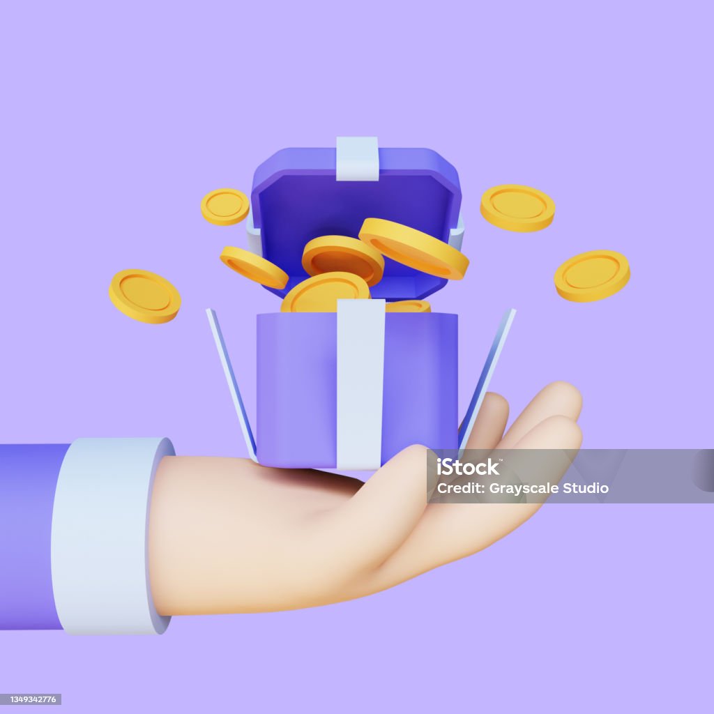3D rendering of open gift box suprise, earn point concept, loyalty program and get rewards, isolated on purple background Three Dimensional Stock Photo