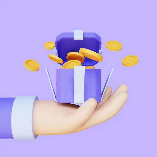 3D rendering of open gift box suprise, earn point concept, loyalty program and get rewards, isolated on purple background