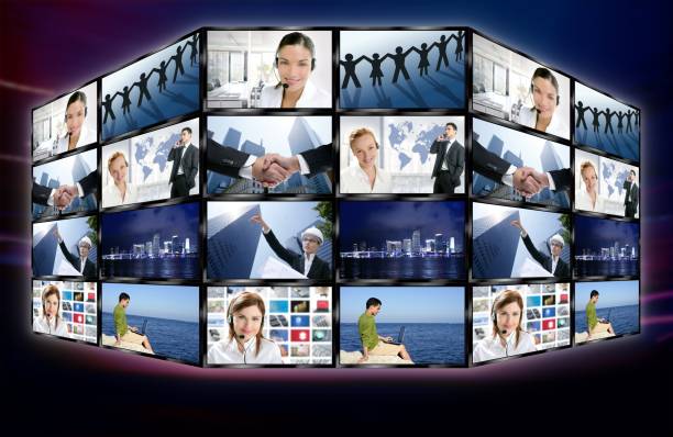 istock Futuristic tv video news digital screen wall 1349342921