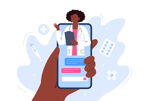 Hand holding smartphone with a female therapist on chat. Video call with doctor. Online medical services, consultation and telemedicine concept. Vector flat illustration.