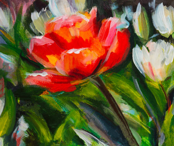 istock Tulips are red and white painting. Spring artistic bright background. 1349342988