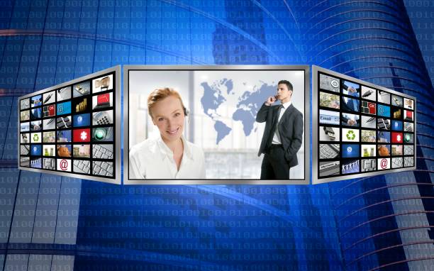 istock Three screen monitor, business world tech 1349342994