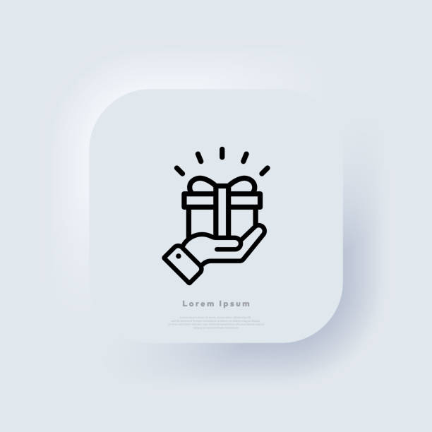 Free gift line icon. Vector business template. Present gift box icon. Hand holding gift. Neumorphic UI UX white user interface web button. Neumorphism. Vector EPS 10 Free gift line icon. Vector business template. Present gift box icon. Hand holding gift. Neumorphic UI UX white user interface web button. Neumorphism. Vector EPS 10. hand holding gift stock illustrations