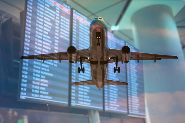 istock Plane and Flight information screens double Exposure Concepts 1349346537
