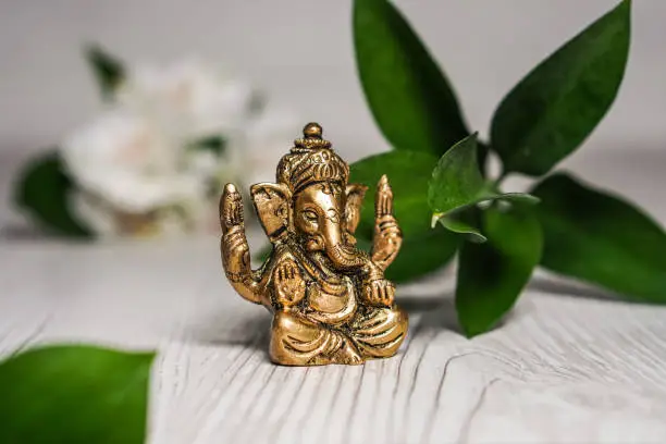 Bronze Ganapathi Ganesha Idol decorated with white flowers and green leaf in background. High quality photo
