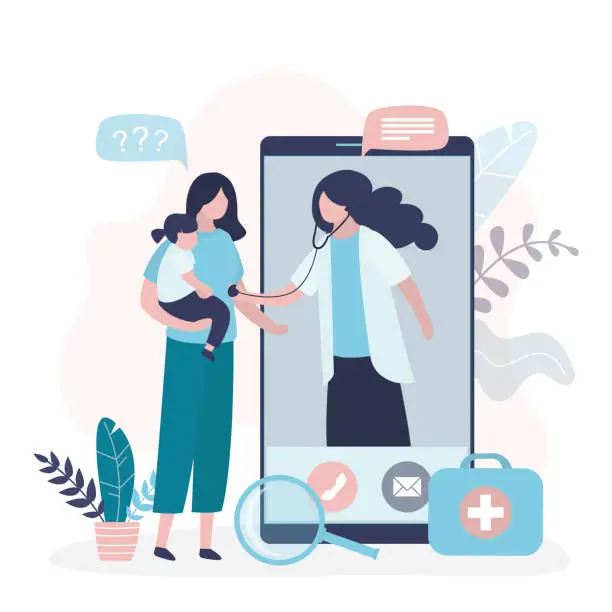 Vector illustration of Mom with daughter consults with doctor via video call. Woman with child at online appointment with pediatrician