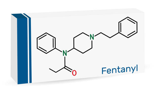 Fentanyl, fentanil,  C22H28N2O molecule. It is opioid analgesic. Skeletal chemical formula. Paper packaging for drugs Fentanyl, fentanil,  C22H28N2O molecule. It is opioid analgesic. Skeletal chemical formula. Paper packaging for drugs. Vector illustration fentanyl stock illustrations
