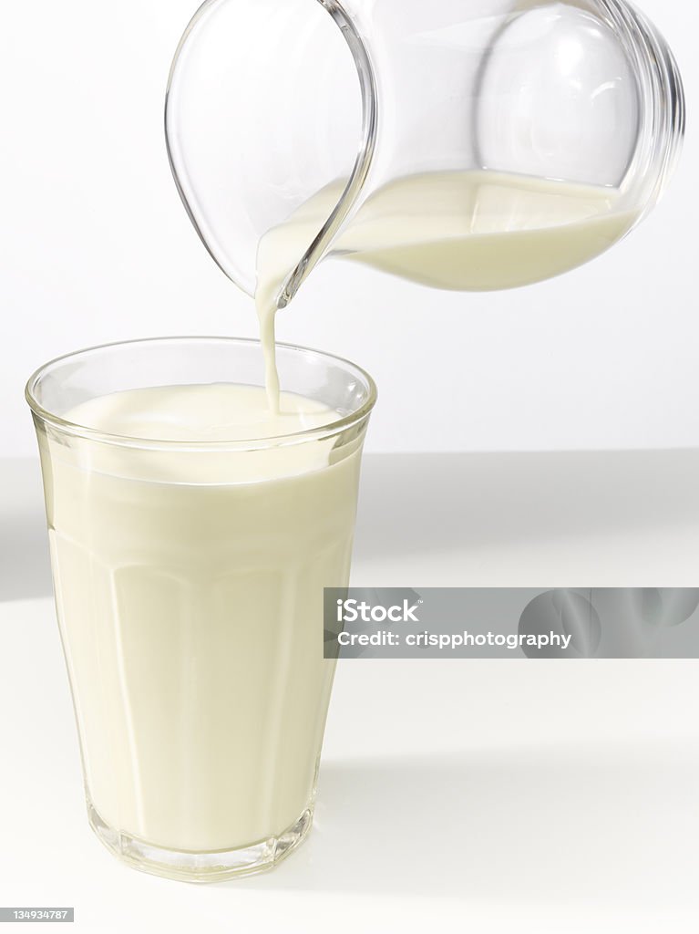Pouring milk in a glass. Milk streaming from a jug of glass in a glass. Cold Temperature Stock Photo