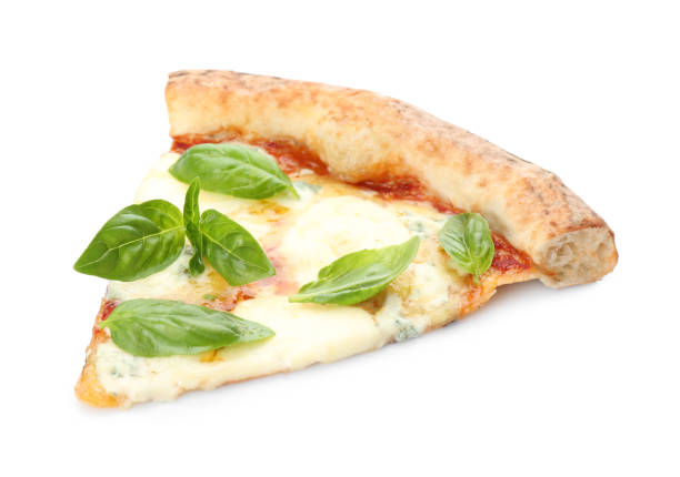 istock Slice of delicious pizza on white background 1349348033