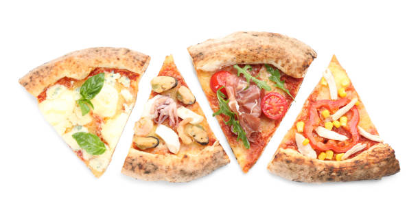 istock Slices of different delicious pizzas on white background, top view 1349349156