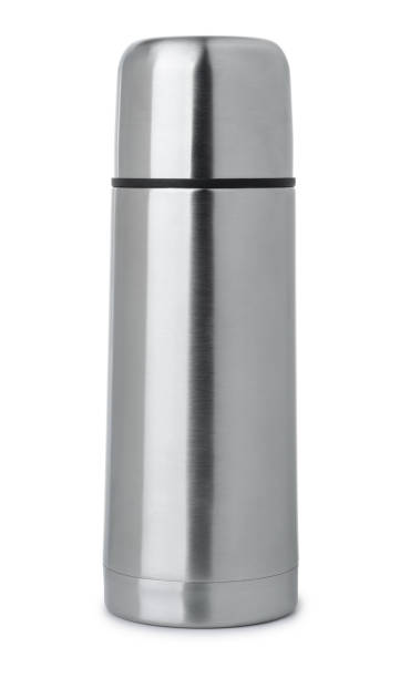 Front view of steel thermos flask Front view of steel thermos flask isolated on white flask stock pictures, royalty-free photos & images