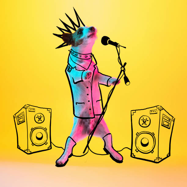 Rock musician at concert. One cute little dog playing singing at concert isolated on yellow neon studio background with drawings. Concept of modern art, design, line art. Animal in human life. Artwork