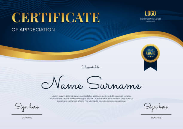 luksusowy szablon uznania certyfikatu na niebieskim, białym i złotym tle, wielofunkcyjna złota obwódka certyfikatu z wzorem odznaki - certificate frame award gold stock illustrations
