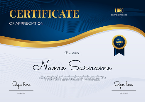 Luxury certificate appreciation template on blue, white and gold color background, multipurpose certificate gold border with badge design
