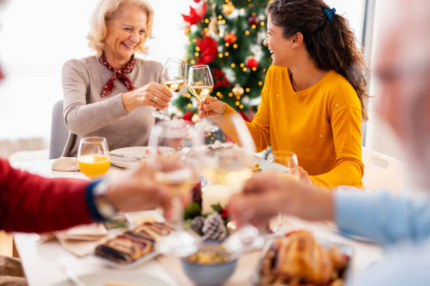 istock Mother and daughter making a toast over Christmas dinner 1349353454