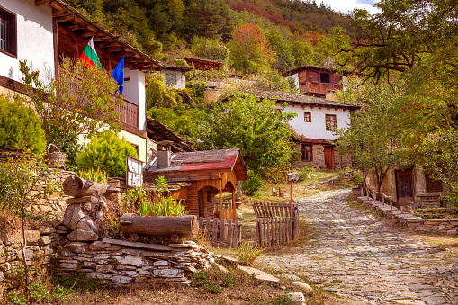 Autumnal scenery with old traditional houses in Leshten, Rhodope mountains, Bulgaria