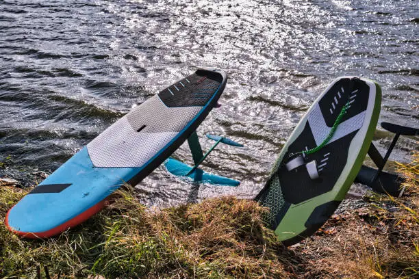 Two wingfoil boards stand on the shore