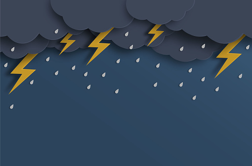 Illustration of rainy season with cloud thunderbolt and rain drop on sky dark background, paper cut and craft style. Vector illustration.