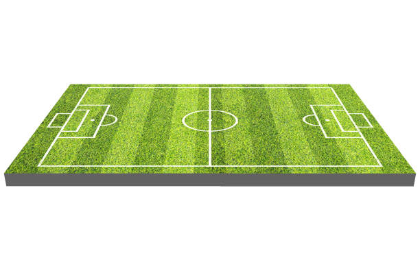 istock stripe grass soccer field. Green lawn with white lines pattern background. 1349356267