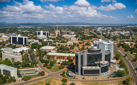 Gaborone, South East, Botswana 27 April 2017 aerial panorama of  government enclave in the city